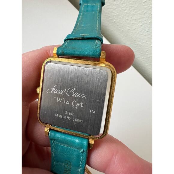 Rare Vintage Laurel Burch Wild Cat Watch Teal Strap Brushed Gold Case - Picture 2 of 8